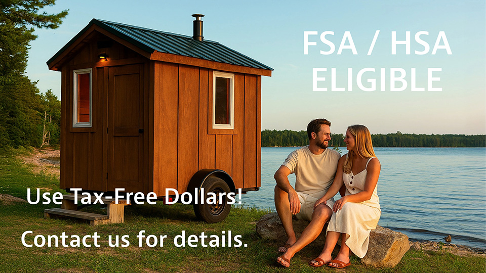 A couple sits in front of a mobile sauna that they used FSA-HSA dollars to buy.