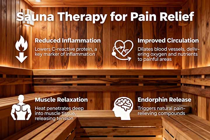 Sauna therapy reduces inflamation, improves circulation, relaxes muscles and releases endorphins, all of which help with pain management.