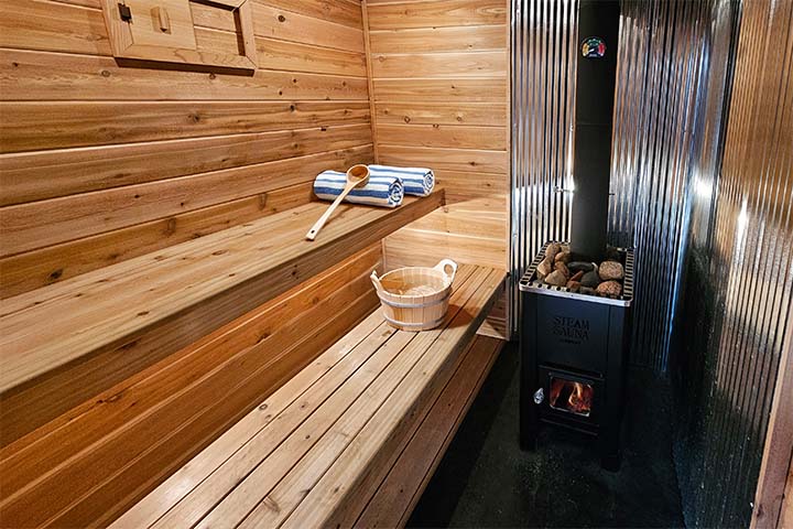 An interior of Minnesota Mobile Sauna steam room.