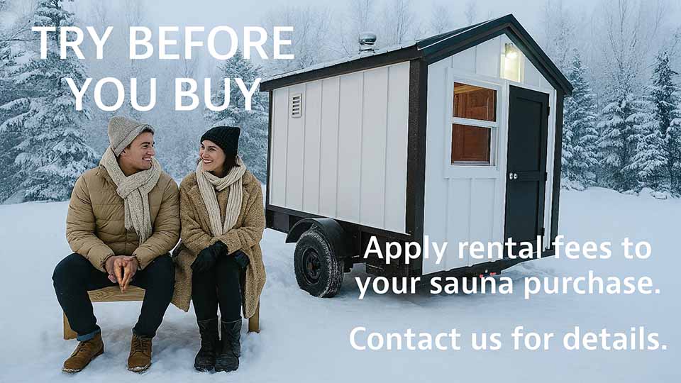 A couple sits in front of a mobile sauna they are trying out before buying one of their own.