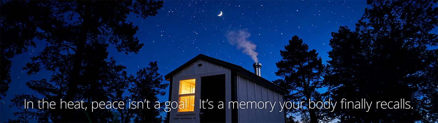 Sauna under a starry sky with the text overlay "In the heat, peace isn't a goal - it's a memory your body finally recalls.