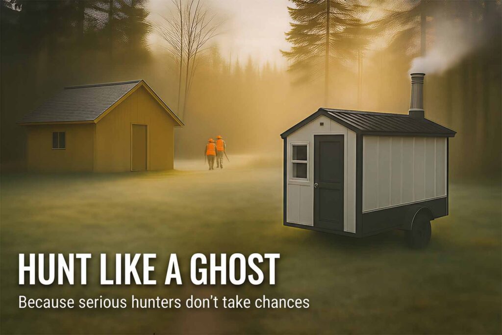 A sauna can help break the human odor cycle. In this image, a father and son head out for the hunt after using the sauna shown in the foreground.