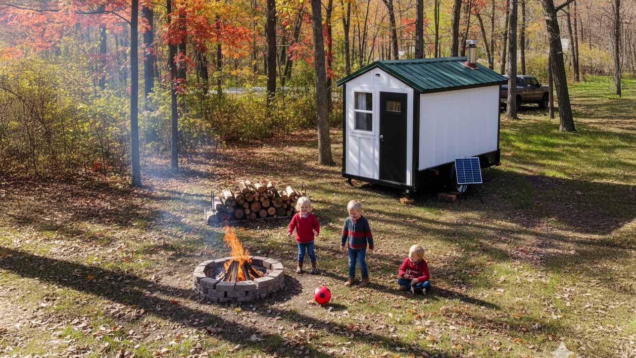 Children play in front of a mobile sauna in the autumn with trees ablaze in fall colors.