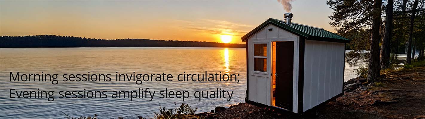 Sauna parked lakeside at sunset with the text overlay "Morning sessions invigorate circulation; evening sessions amplify sleep quality."