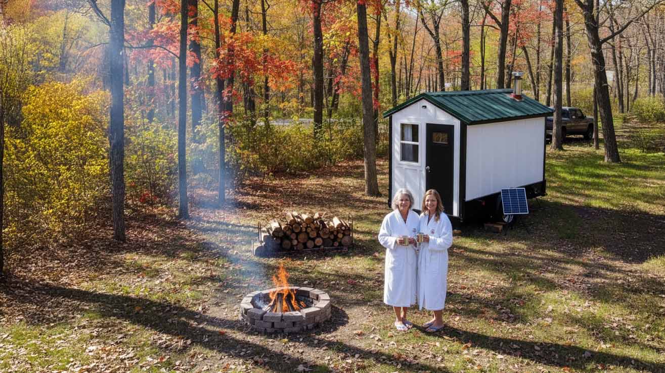 A mother and daughter pose in fron of a mobile sauna in the autumn with trees ablaze in fall colors.