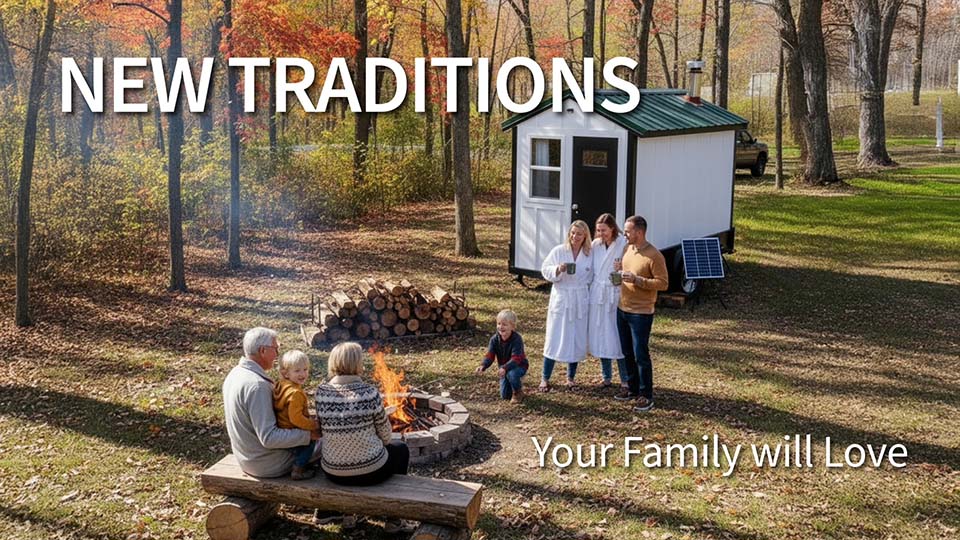 A family photo is taken with a mobuile sauna in the autumn with trees ablaze in color.