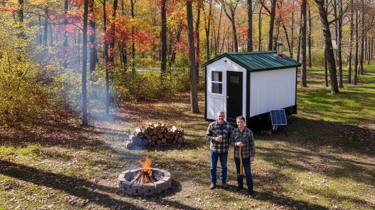 A father and his son pose in front of a mobile sauna in the autumn with trees ablaze in fall colors.