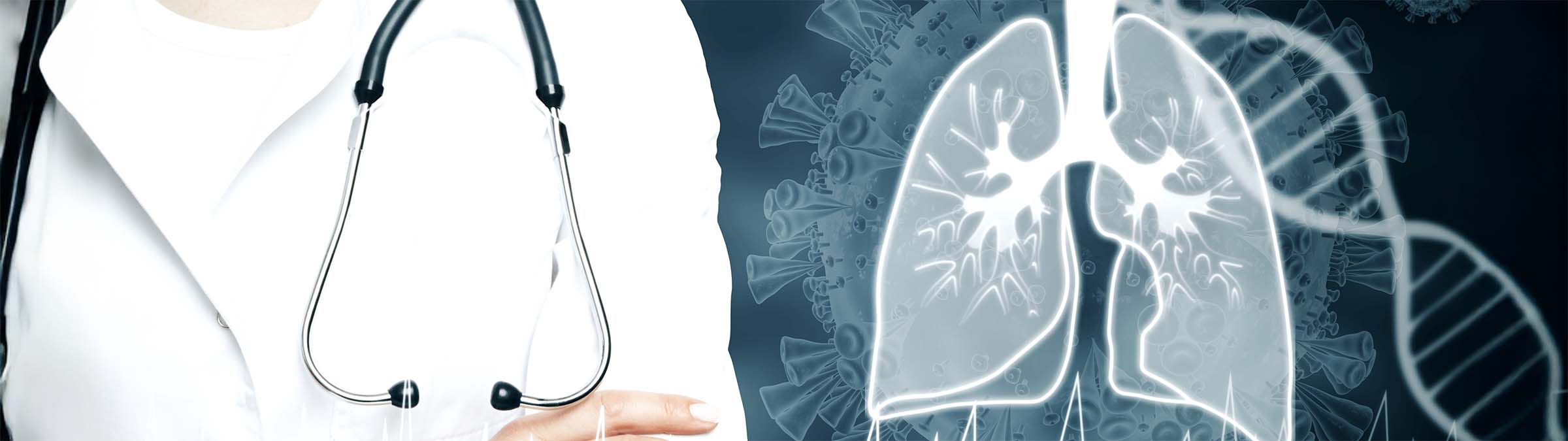 A medical professional in a white coat with a stethoscope stands next to a glowing blue digital illustration of human lungs and virus-like molecular structures.