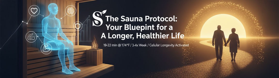 A wide infographic split into two sides: the left shows a blue wireframe human figure sitting in a sauna with health icons, while the right shows an elderly couple walking toward a bright sun on a golden path.