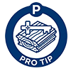 Minnesota Mobile Sauna Pro Tip icon. The icon is a dark blue circle badge featuring a P in a smaller circle, a stack of wood with a key across it, and the text "PRO TIP" below. This image indicates a high-value piece of advice for renters.