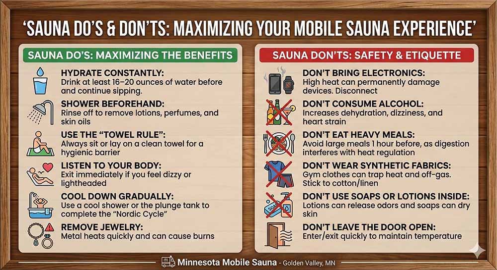 An infographic titled 'Sauna Do's & Don'ts: Maximizing Your Mobile Sauna Experience' by Minnesota Mobile Sauna. The graphic is split into two columns: Green 'Do's' (Hydrate, Shower beforehand, Use the Towel Rule, Listen to your body, Cool down gradually, Remove jewelry) and Red 'Don'ts' (No electronics, No alcohol, No heavy meals, No synthetic fabrics, No soaps/lotions inside, Don't leave the door open).