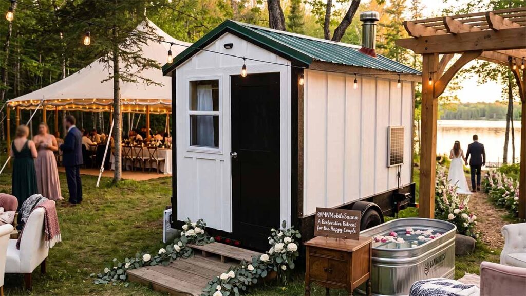 A luxury mobile sauna installation at a lakeside wedding venue, featuring a white cedar unit, bistro string lights, a floral-decorated entryway, and a stock tank cold plunge.