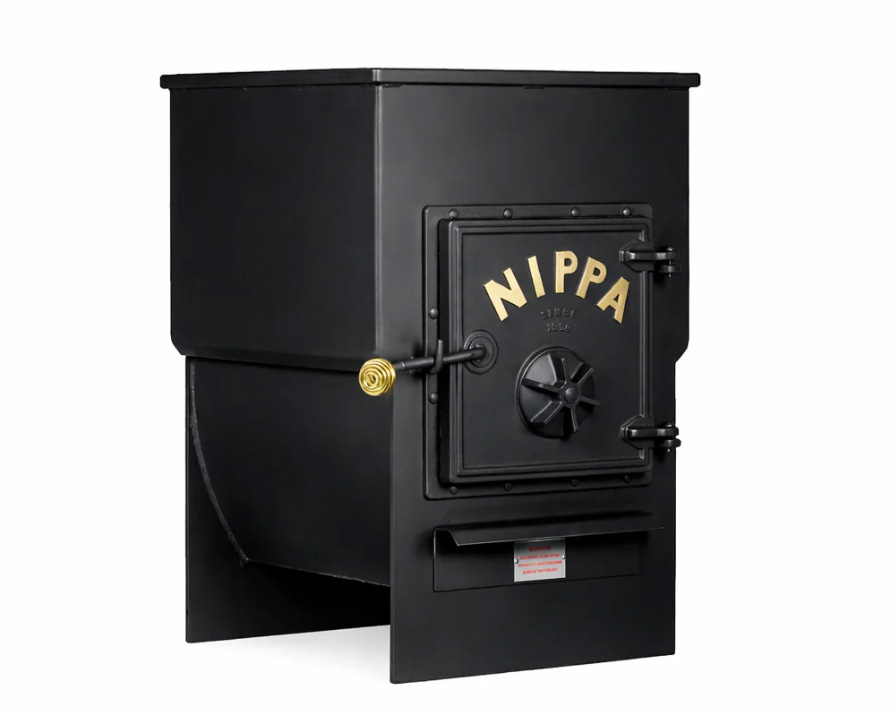 Front-facing view of a black Nippa wood-burning sauna stove with gold lettering and a cast iron door.